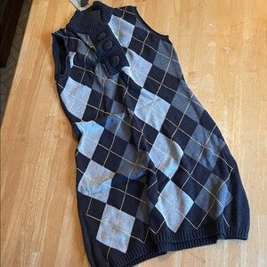 Melanie Lyne Sleeveless Argyle Knit Sweater Tunic Dress in Grey Tones and Yellow